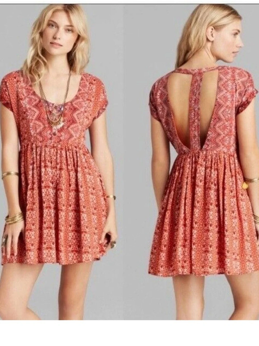 Free People Sundown Orange Geometric Print Babydoll Tunic / Mini Dress